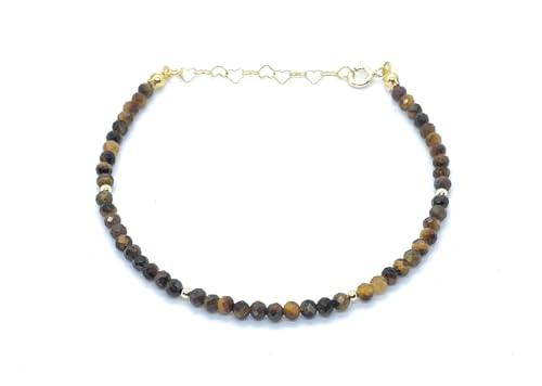 Eloboe essence Pulsera Ojo de Tigre piedra Natural, Plata 925 Chapada en Oro 24K, 16-19 cm,