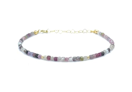 Eloboe essence Pulsera de Turmalina Sandía Natural, Cubos 2mm, Plata 925 Chapada en Oro 24K, Ajustable 16-19 cm