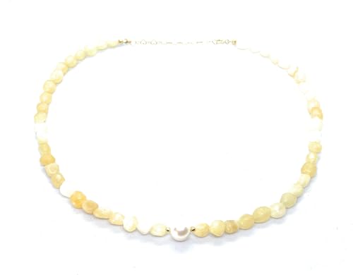 Eloboe essence Collar de Calcita Natural con Perla, Piedras de 5x7 mm, Plata 925 Chapada en Oro, 40-45 cm,