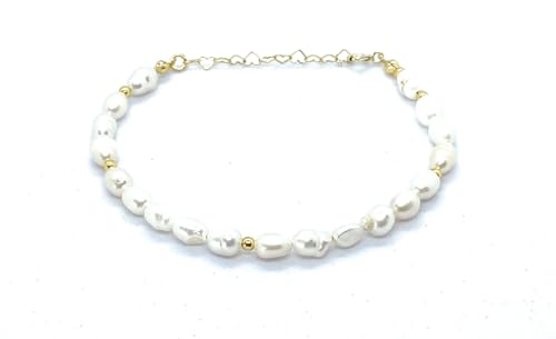 Eloboe essence Pulsera de Perlas de Río Naturales, 5x7mm, Plata 925 Chapada en Oro 24K, Ajustable 16-19cm