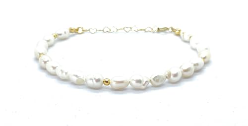 Eloboe essence Pulsera de Perlas de Río Naturales, 5x7mm, Plata 925 Chapada en Oro 24K, Ajustable 16-19cm