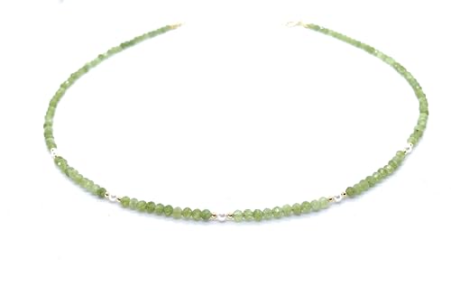 Gargantilla de Peridoto Natural con Perlas, 3mm, Plata 925 Chapada en Oro 24K, Ajustable 16-19cm