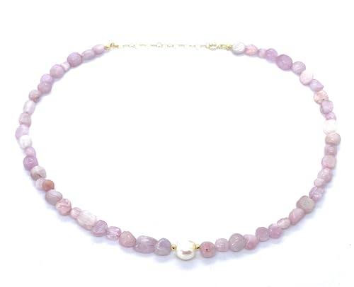 Eloboe essence Collar de Kunzita Natural con Perla, 40-45 cm Ajustable, Plata 925 Chapada en Oro 24k