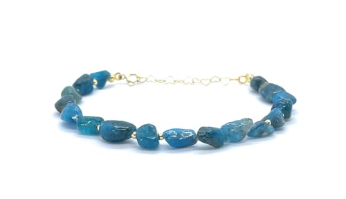 Eloboe essence Pulsera de Apatita Natural, 5x7mm, Plata 925 Chapada en Oro 24K, Ajustable 16-19 cm, Azul
