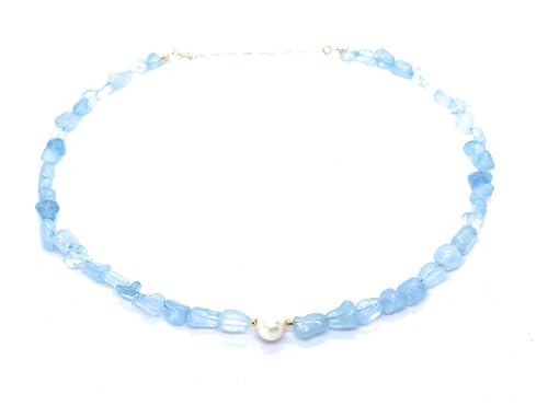 Eloboe essence Collar de Aguamarina Natural con Perla, 40-45 cm, Plata 925 Chapada en Oro 24k