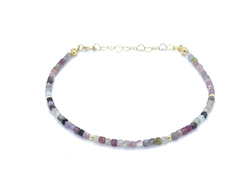 Eloboe essence Pulsera de Turmalina Sandía Natural, Cubos 2mm, Plata 925 Chapada en Oro 24K, Ajustable 16-19 cm