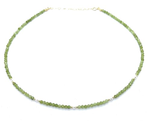 Gargantilla de Peridoto Natural con Perlas, 3mm, Plata 925 Chapada en Oro 24K, Ajustable 16-19cm