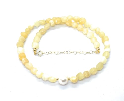 Eloboe essence Collar de Calcita Natural con Perla, Piedras de 5x7 mm, Plata 925 Chapada en Oro, 40-45 cm,