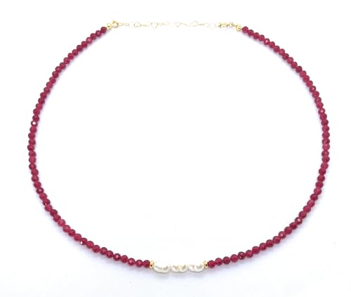 Eloboe essence Gargantilla de Rubí Natural 3mm con Perlas, Plata 925 Chapada en Oro 24k, Ajustable 40-45cm