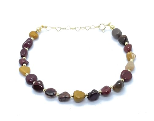 Eloboe essence Pulsera de Jaspe Mookaita, Plata 925 Chapada en Oro 24K, 16-19 cm Ajustable, Piedra Natural 5x7mm