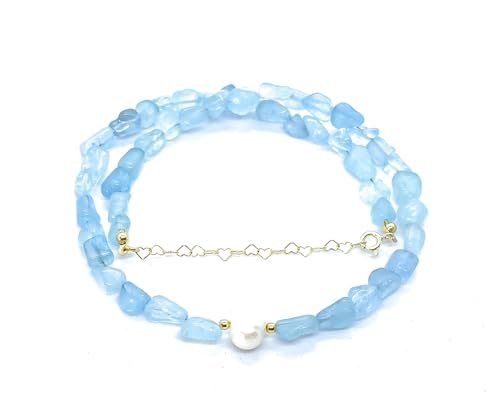 Eloboe essence Collar de Aguamarina Natural con Perla, 40-45 cm, Plata 925 Chapada en Oro 24k