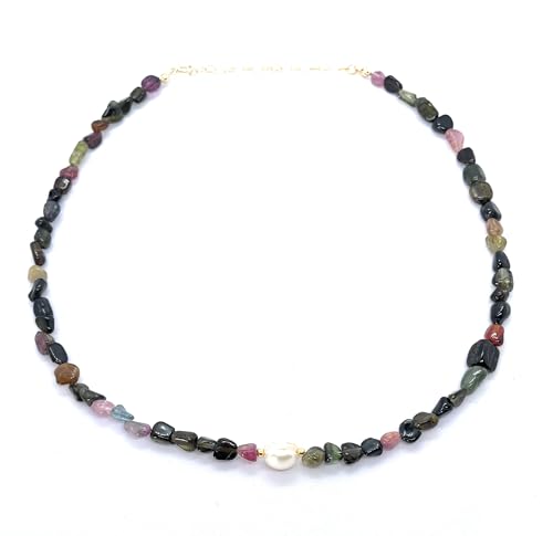 Eloboe essence Collar de Turmalina Sandía Natural, 40-45 cm, Plata 925 Chapada en Oro 24k, 35 Piedras de 5x7 mm con Perla Central