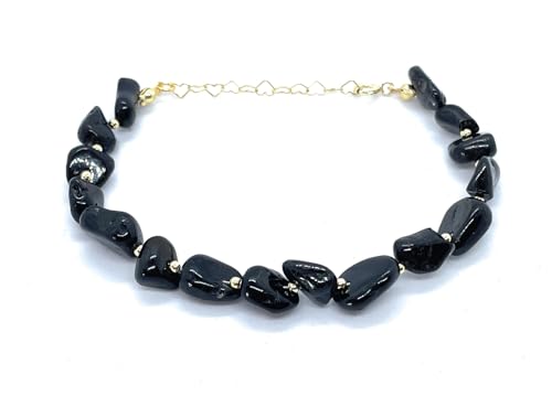 Eloboe essence Pulsera de Turmalina Negra Natural, Plata 925 Chapada en Oro 24K, 16-19 cm Ajustable, Piedras 5x7mm