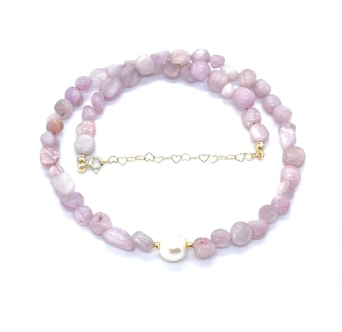 Eloboe essence Collar de Kunzita Natural con Perla, 40-45 cm Ajustable, Plata 925 Chapada en Oro 24k