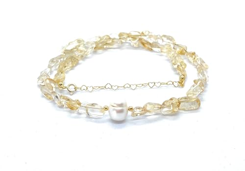 Eloboe essence Collar de Citrino Natural con Perla, 5x7 mm, Plata 925 Chapada en Oro 24k, Ajustable 40-45 cm
