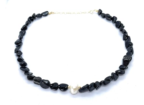 Eloboe essence Collar de Turmalina Negra Natural con Perla, 35 Piedras de 5x7 mm, Plata 925 Chapada en Oro 24k, Ajustable 40-45 cm