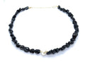 Eloboe essence Collar de Turmalina Negra Natural con Perla, 35 Piedras de 5x7 mm, Plata 925 Chapada en Oro 24k, Ajustable 40-45 cm