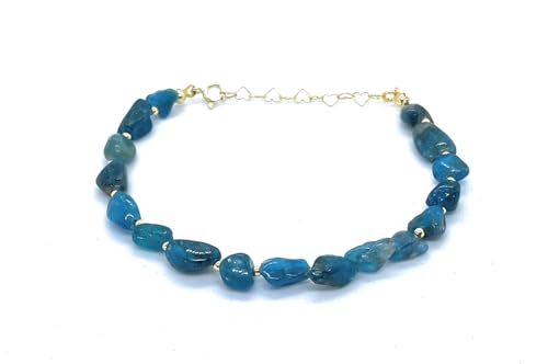 Eloboe essence Pulsera de Apatita Natural, 5x7mm, Plata 925 Chapada en Oro 24K, Ajustable 16-19 cm, Azul