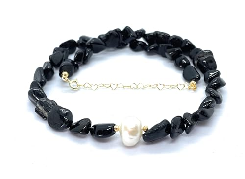 Eloboe essence Collar de Turmalina Negra Natural con Perla, 35 Piedras de 5x7 mm, Plata 925 Chapada en Oro 24k, Ajustable 40-45 cm