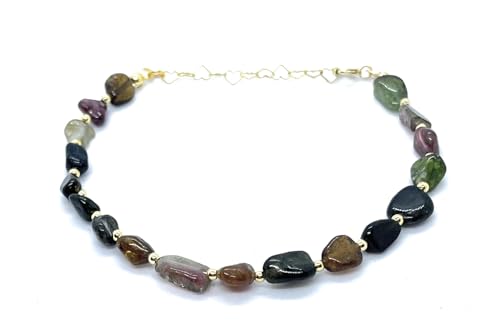 Eloboe essence Pulsera de Turmalina Sandía Natural, 5x7mm, Plata 925 Chapada en Oro 24K, Ajustable 16-19 cm