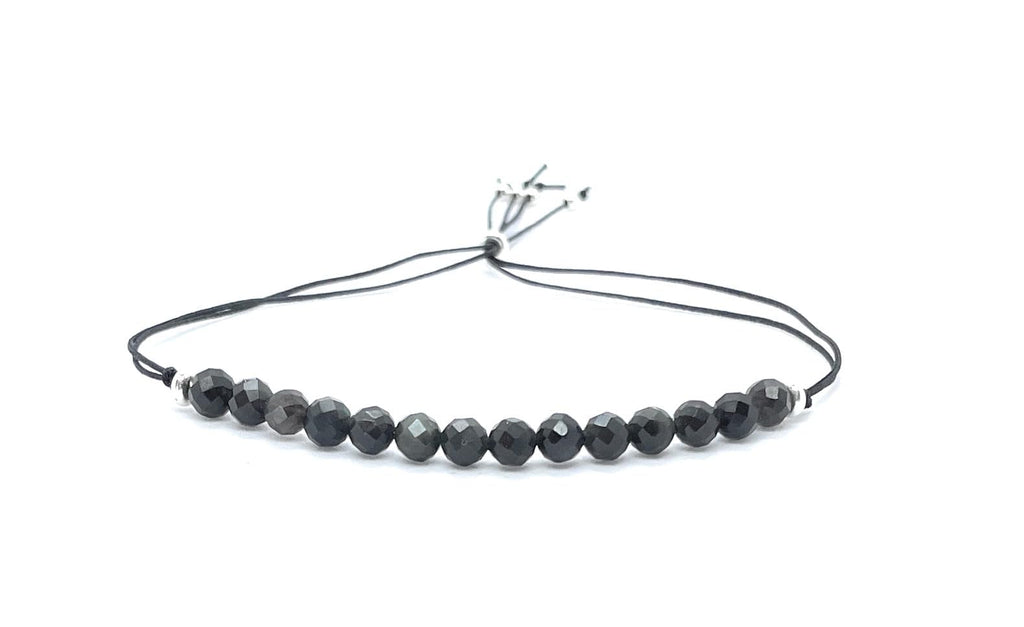 Pulsera de hilo con cuentas de obsidiana natural de 4 mm, plata de ley 925, ajustable