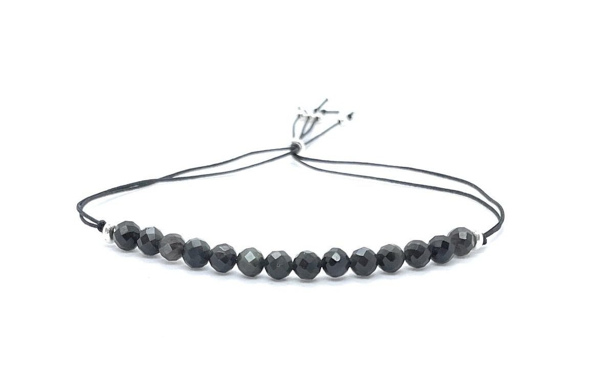 Pulsera de hilo con cuentas de obsidiana natural de 4 mm, plata de ley 925, ajustable