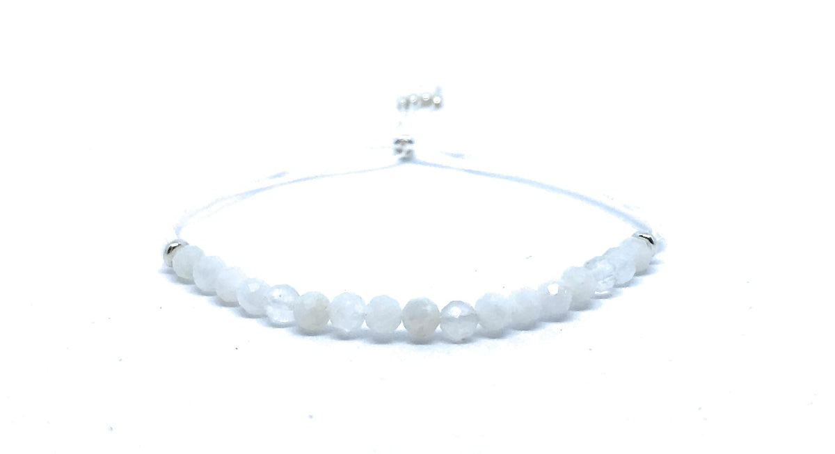 Pulsera de hilo piedra luna natural de 4 mm y plata de ley ajustable,