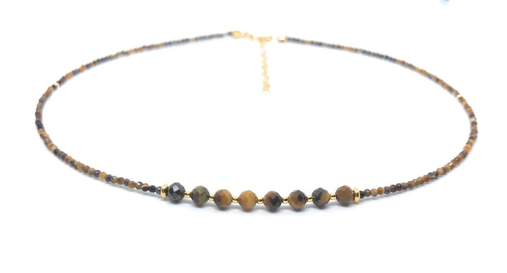Gargantilla de piedra natural ojo de tigre plata de primera ley chapada en oro de 24K longitud 40cm ajustable a 45cm