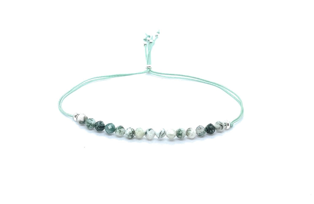Pulsera de Hilo con Cuentas de Ágata Musgosa de 4 mm, Plata de Ley 925, Ajustable