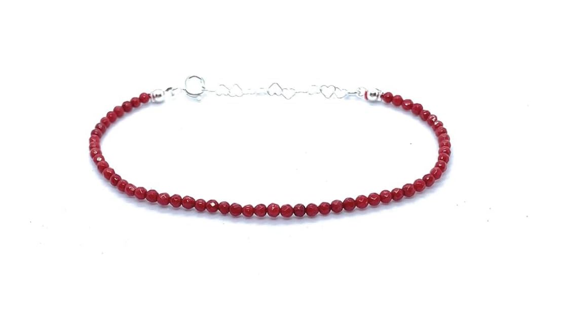Eloboe essence Pulsera de coral natural Rojo, 2mm, Plata 925, Ajustable 16-19cm