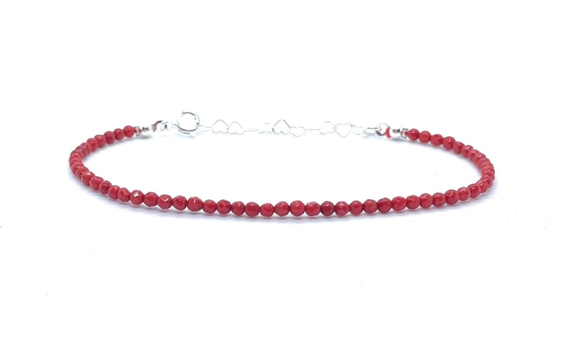 Eloboe essence Pulsera de coral natural Rojo, 2mm, Plata 925, Ajustable 16-19cm