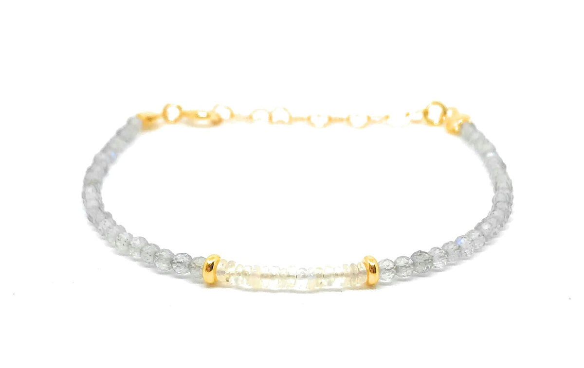 Pulsera de mujer piedras naturales semipreciosas de labradorita opalo etíope plata de primera ley ajustable chapada en oro de 16cm a 19cm