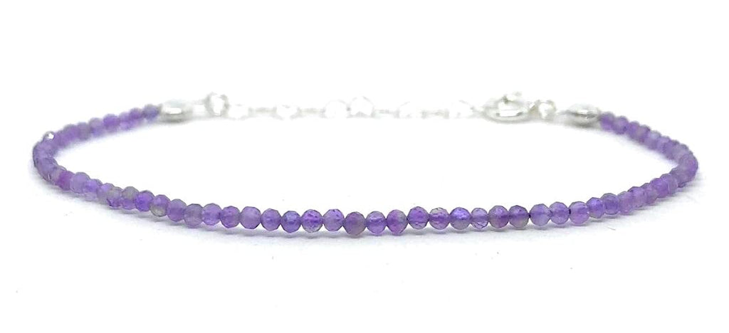 Pulsera de piedra natural 2 mm amatista y plata de ley ajustable de 16 cm a 19 cm