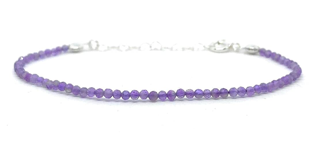 Pulsera de piedra natural 2 mm amatista y plata de ley ajustable de 16 cm a 19 cm