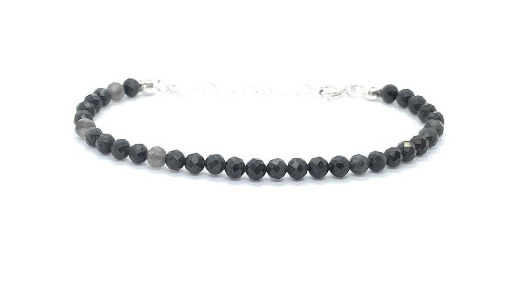 Pulsera de obsidiana piedra natural de 4 mm, plata 925, ajustable de 16 a 19 cm