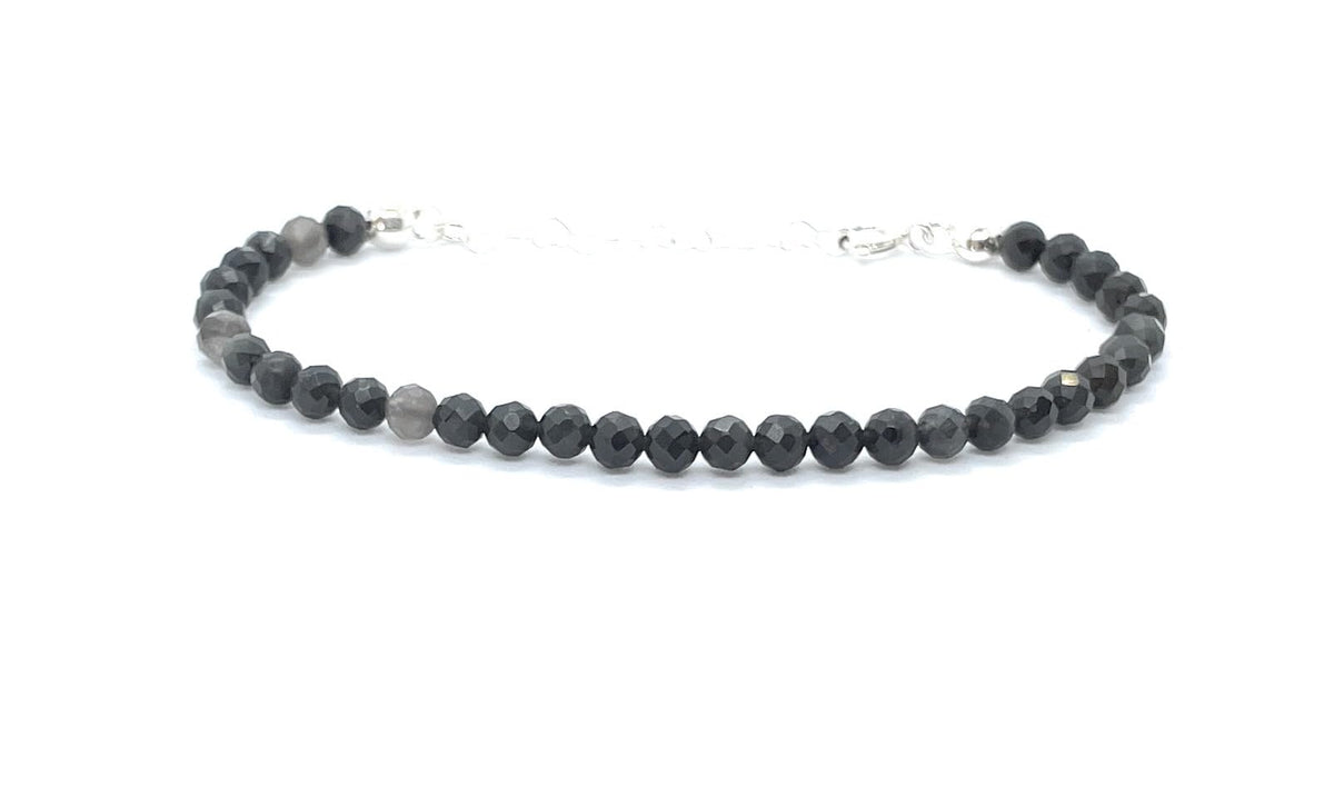 Pulsera de obsidiana piedra natural de 4 mm, plata 925, ajustable de 16 a 19 cm