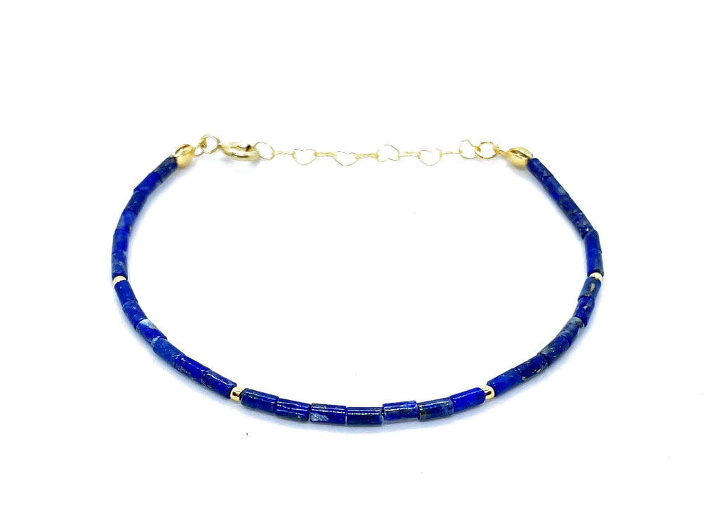 Pulsera de lapislázuli natural, tubos de 2x4 mm, plata 925 chapada en oro de 24 k, 16-19 cm