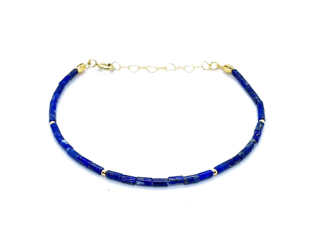 Pulsera de lapislázuli natural, tubos de 2x4 mm, plata 925 chapada en oro de 24 k, 16-19 cm