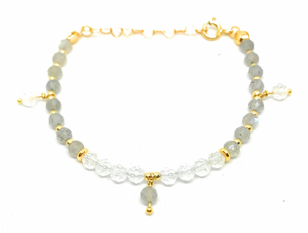Pulsera de labradorita piedra lunar y cuarzo blanco piedras naturales de 4 mm de grosor plata de primera ley chapada en oro ajustable de 16mm a 19mm