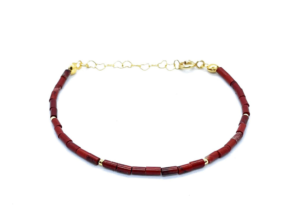 Pulsera de jaspe rojo natural, tubos de 2x4 mm, plata 925 chapada en oro 24k, 16-19 cm