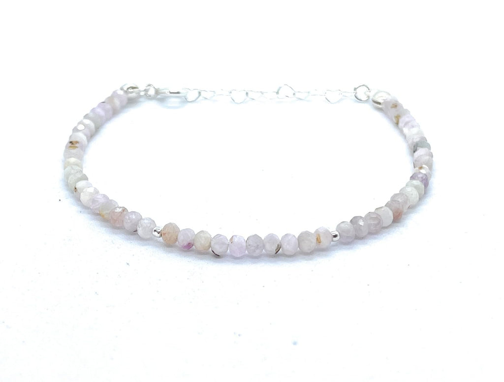 Pulsera de kuncita y plata de ley 925, piedras naturales de 4x2 mm, ajustable de 16 a 19 cm