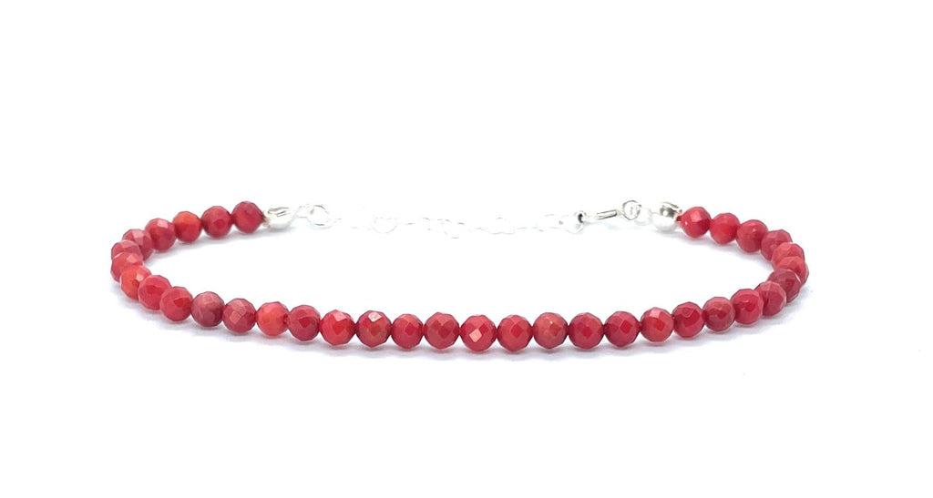 Pulsera de coral rojo de 4 mm, plata de ley 925, ajustable de 16 a 19 cm