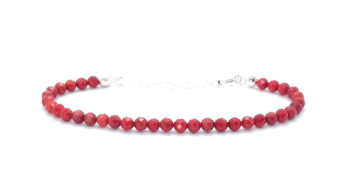 Pulsera de coral rojo de 4 mm, plata de ley 925, ajustable de 16 a 19 cm