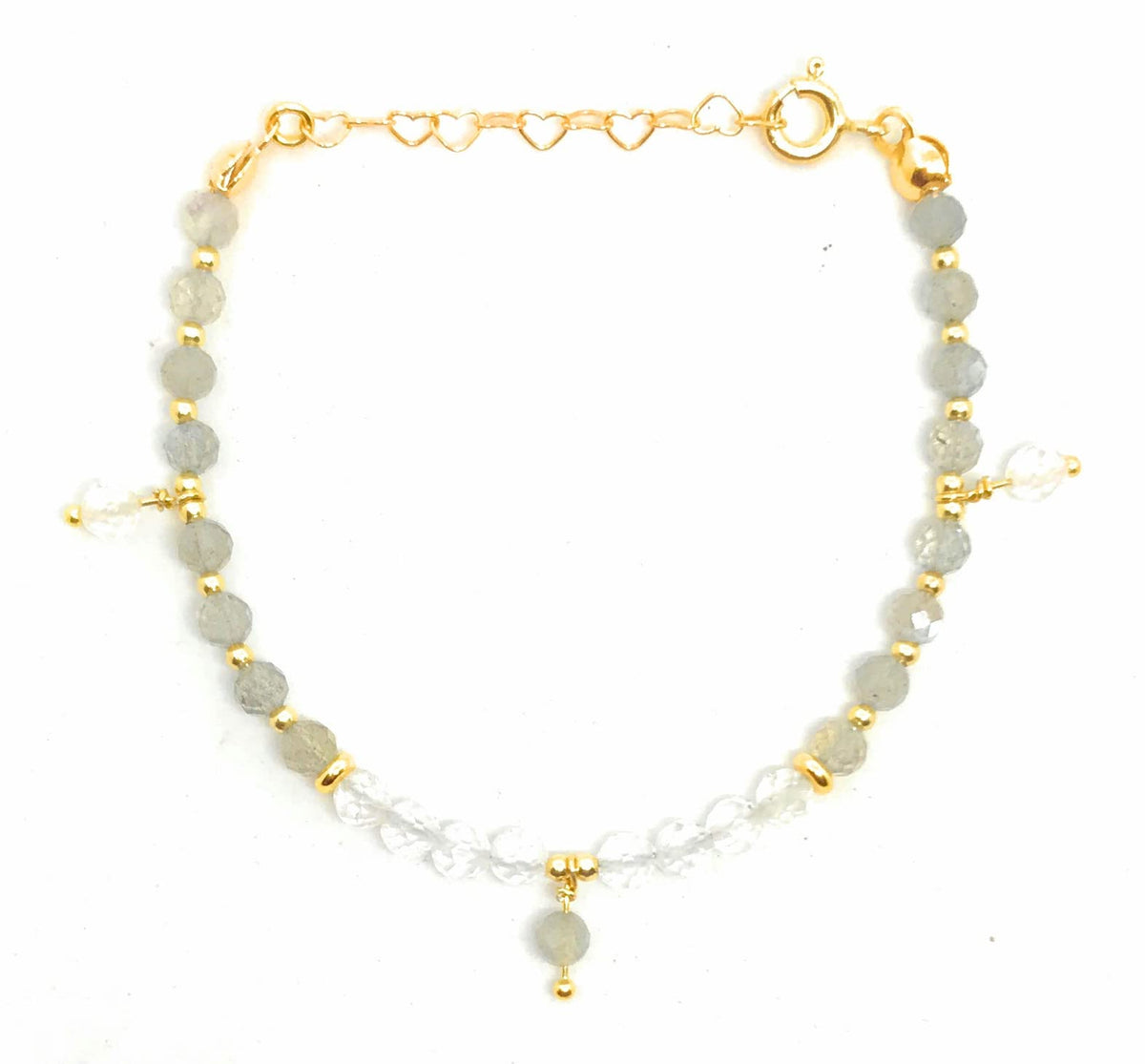 Pulsera de labradorita piedra lunar y cuarzo blanco piedras naturales de 4 mm de grosor plata de primera ley chapada en oro ajustable de 16mm a 19mm