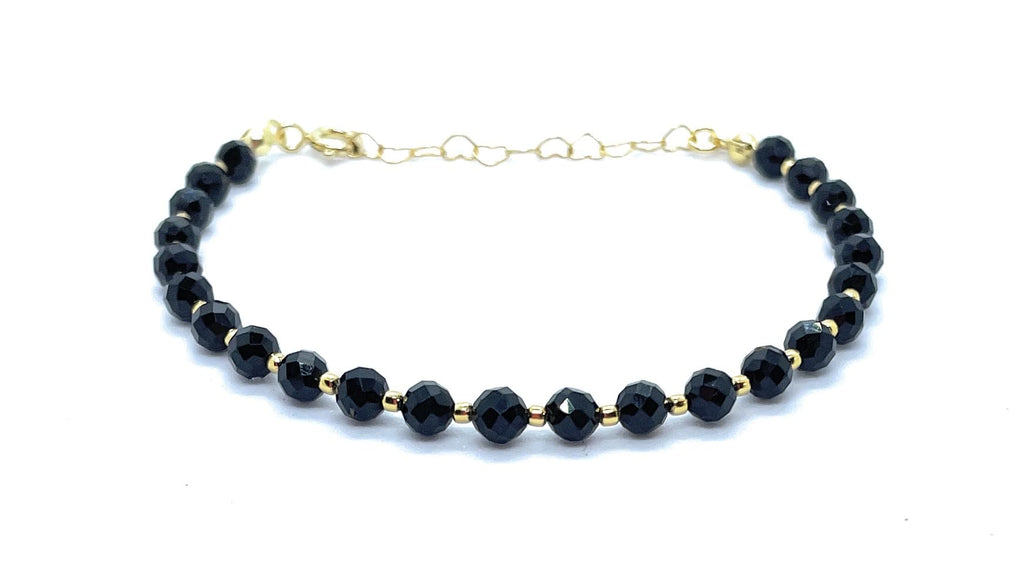 Pulsera de Turmalina Negra, 4mm, Plata 925 Chapada en Oro 24k, Ajustable 16-19cm