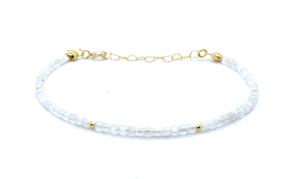 Pulsera de piedra luna natural, cubos de 2 mm, plata 925 chapada en oro de 24 quilates, 16-19 cm
