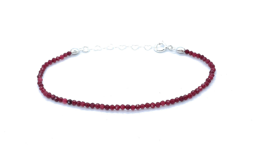 Pulsera de rubí natural de 2 mm, plata de ley 925, ajustable de 16 cm a 19 cm