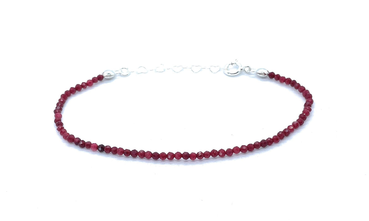 Pulsera de rubí natural de 2 mm, plata de ley 925, ajustable de 16 cm a 19 cm
