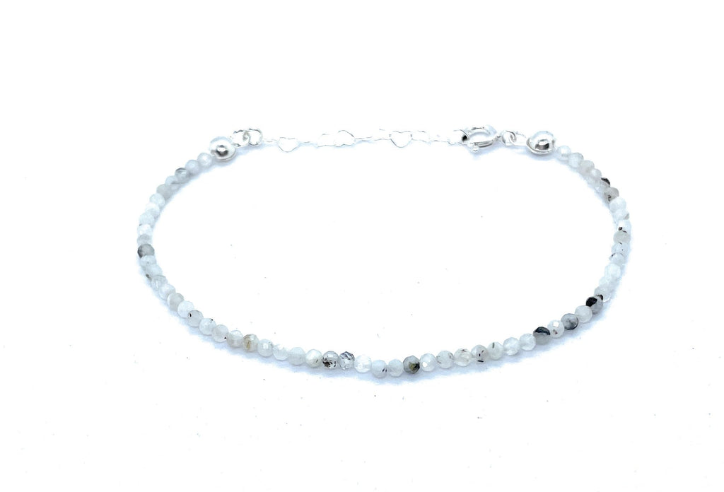 Pulsera de piedra luna con turmalina negra natural de 2mm, plata 925, ajustable de 16cm a 19cm