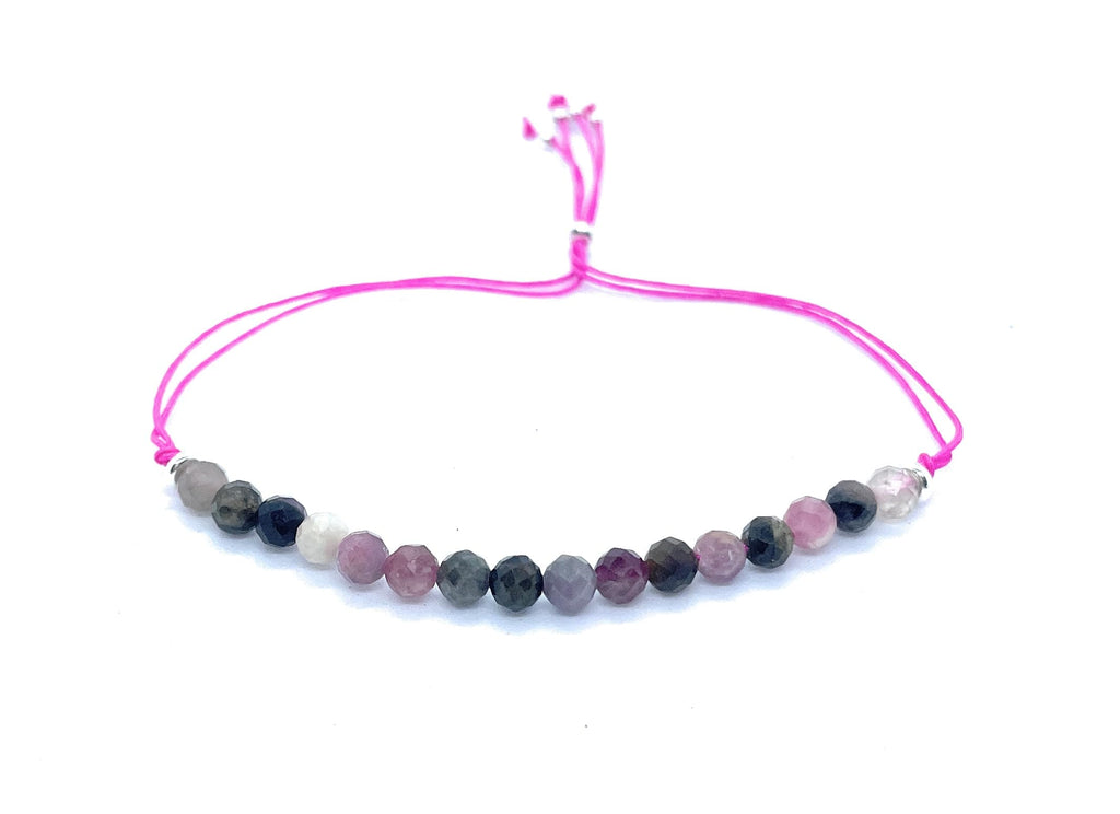 Pulsera de hilo de turmalina sandia piedra natural y plata de ley ajustable